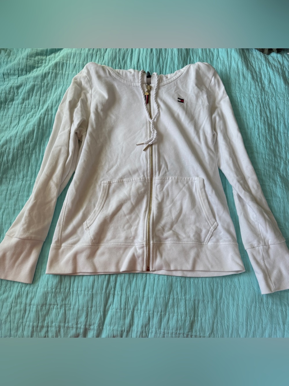 Vintage Tommy Hilfiger White Zip Up Hoodie Sweatshirt Medium